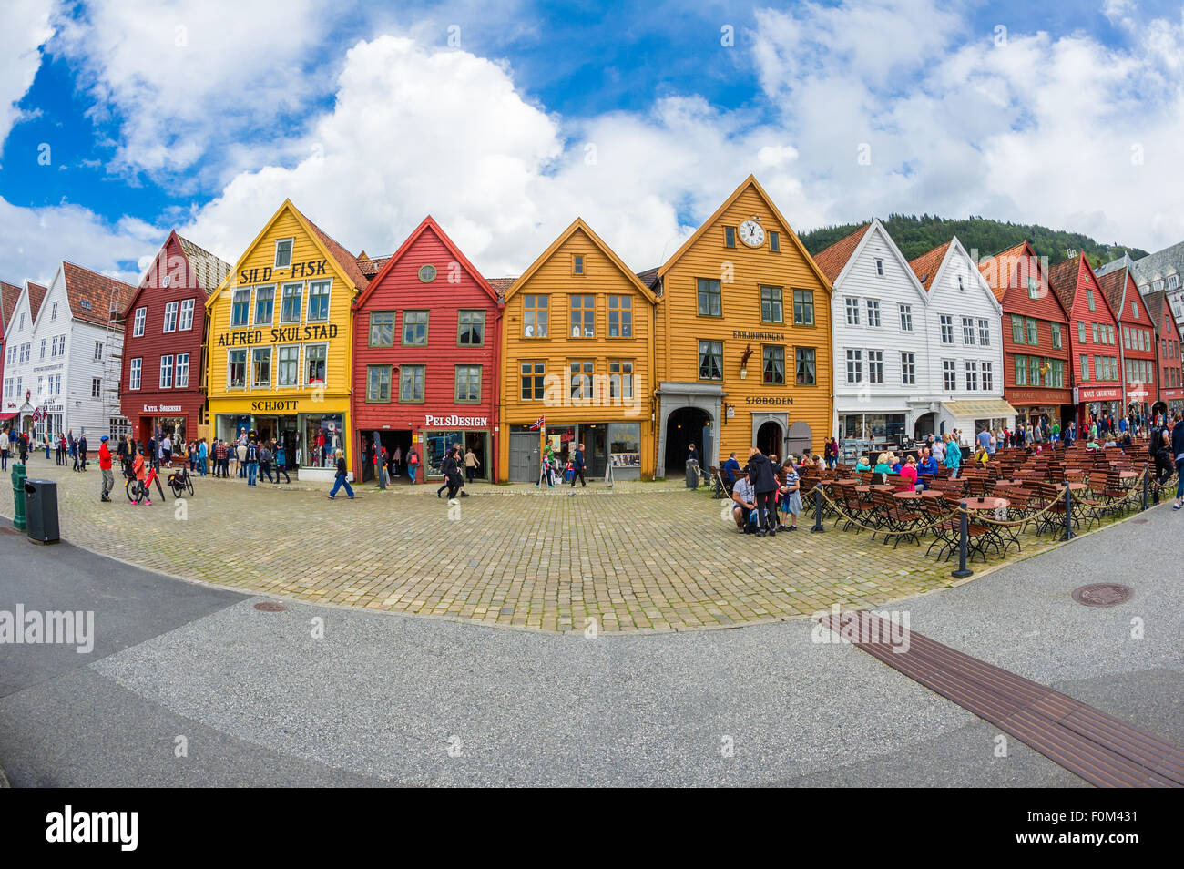 Traditionelle norwegische Holz bunten Kaufmannshäuser in Bergen, Norwegen Stockfoto