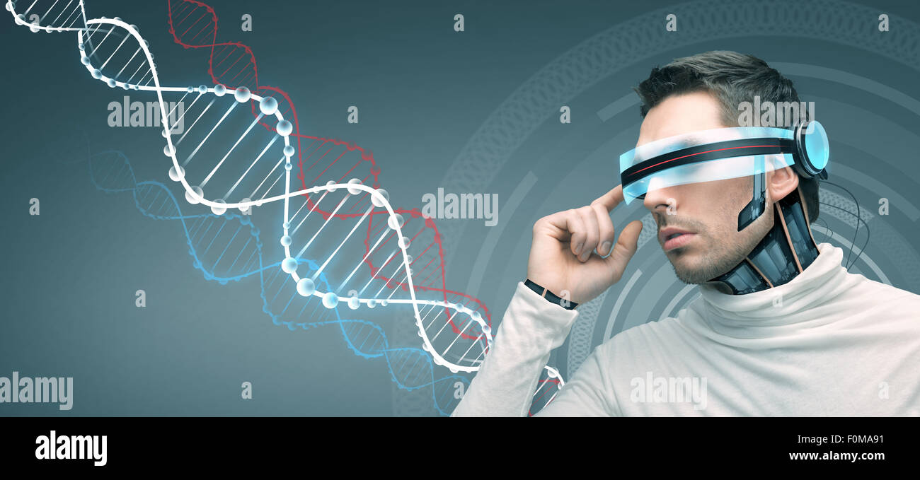 Mann mit futuristischen 3D-Brille und Sensoren Stockfoto