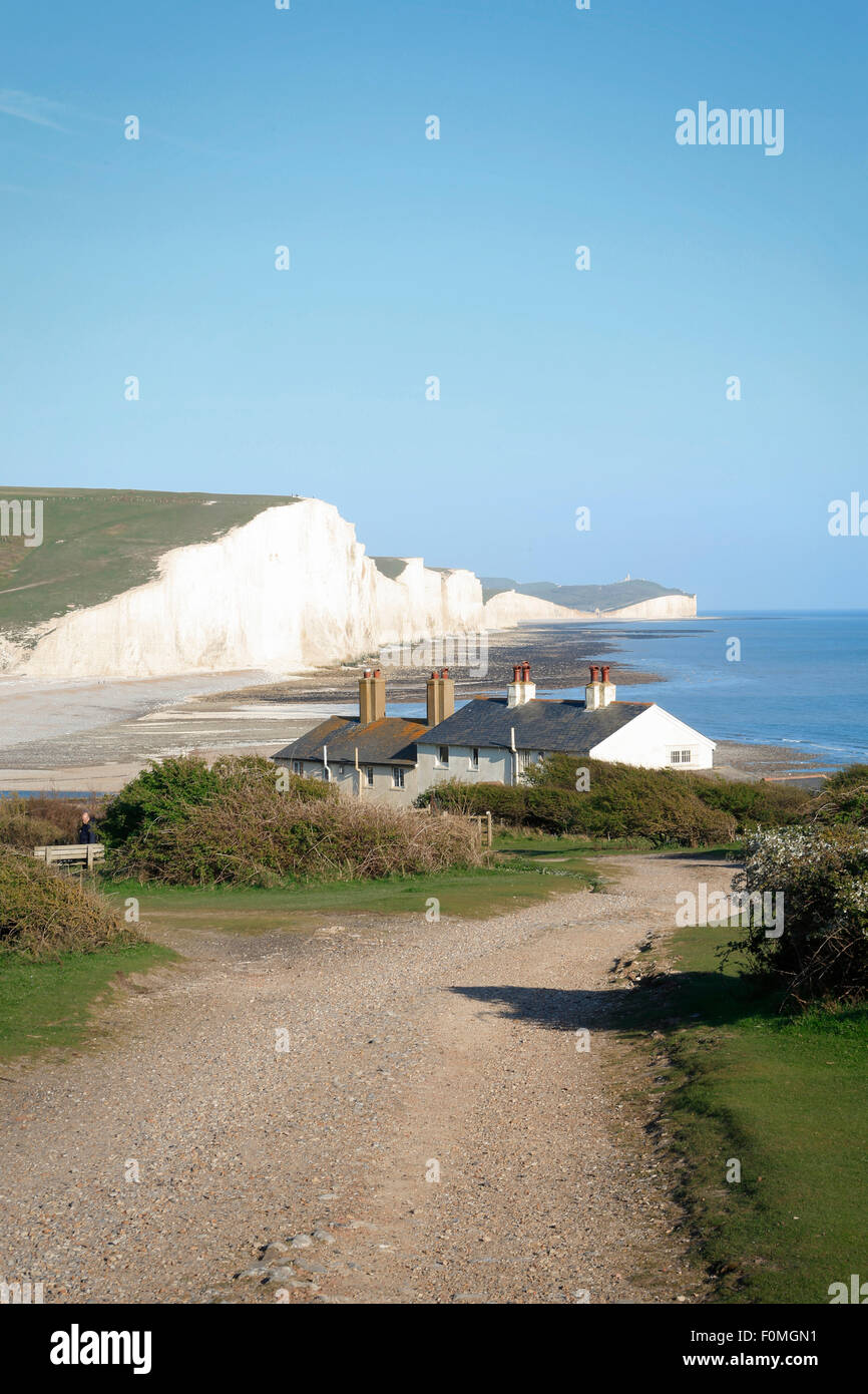 Sieben Schwestern Klippen & Hütten auf den South Downs Way, sieben Schwestern Country Park, Eastbourne, East Sussex, England, UK Stockfoto