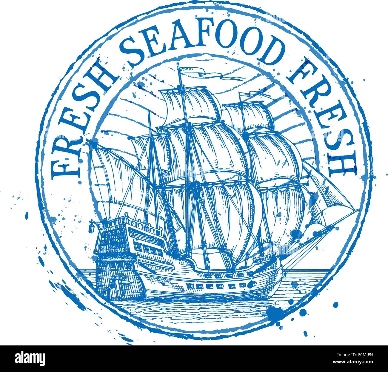 frische Meeresfrüchte Vektor-Logo-Design-Vorlage. Schäbige Stempel oder Schiff, Schlachtschiff, Fregatte, Segelboot-Symbol Stock Vektor