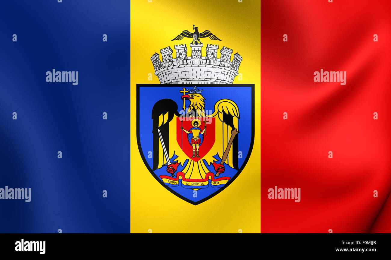 Flagge von Bukarest, Rumänien. Hautnah. Stockfoto