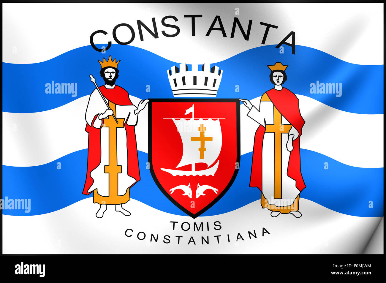 3D Flagge von Constanta, Rumänien. Hautnah. Stockfoto