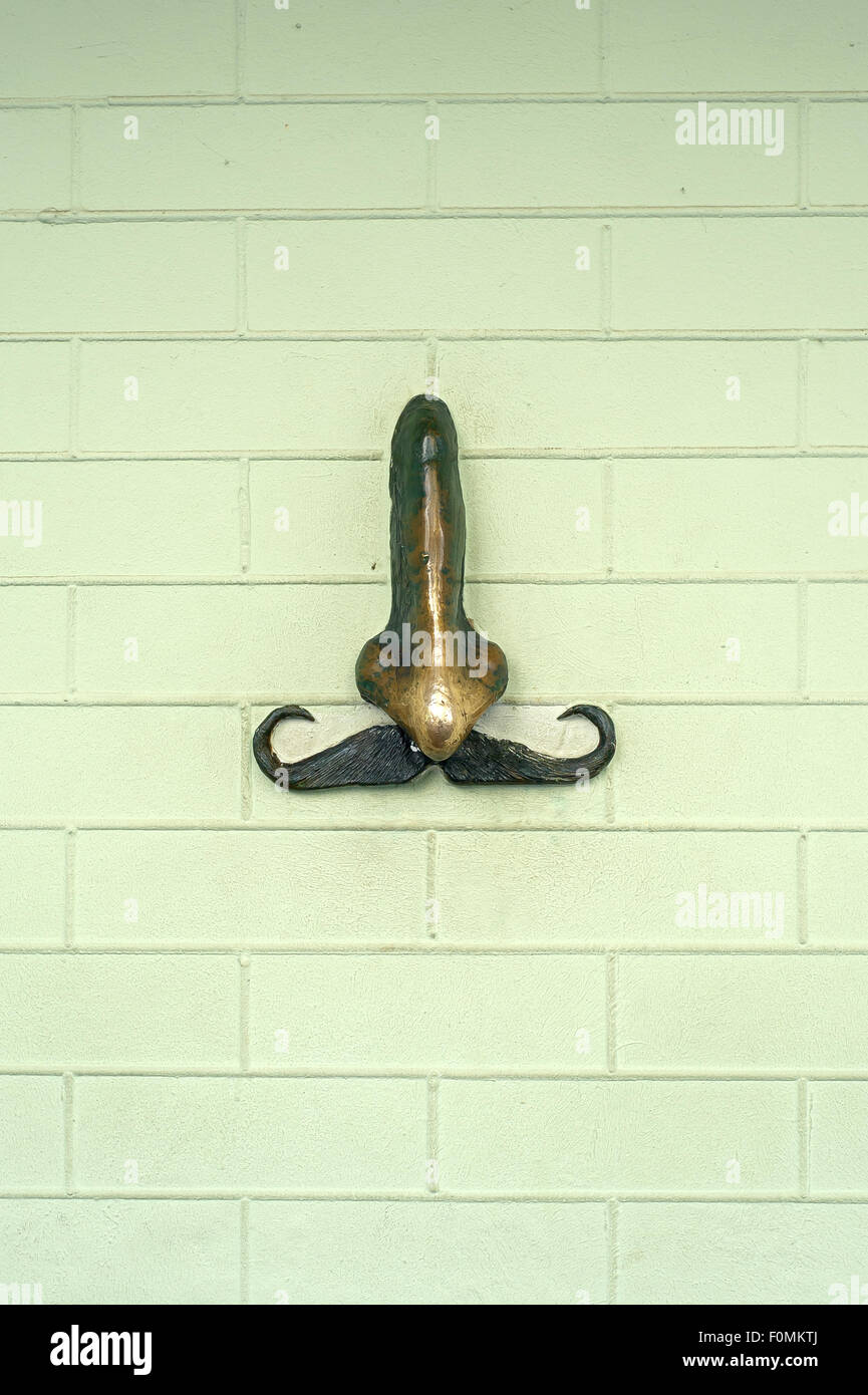 Metallnase mit Schnurrbärte auf grüne Wand Stockfoto