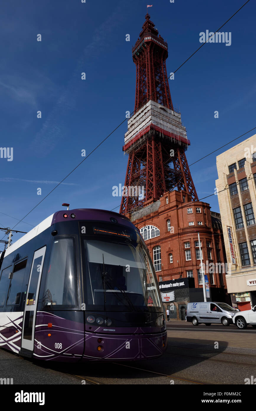 Moderne Blackpool Straßenbahn vorbei an der berühmten Blackpool Tower Stockfoto
