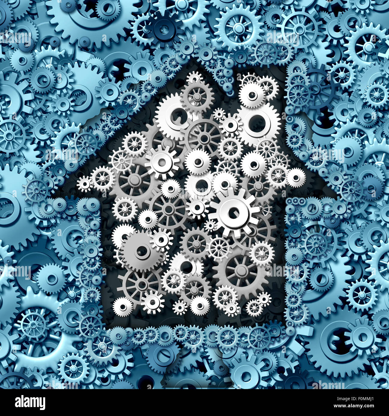 Immobilien-Business-Konzept als Haus oder Heim-Automation aus Getriebe und Zahnräder als ein Symbol für Investitionen in Wohnungsbau Ideen und Hypothekenfinanzierung oder ein smart home-Symbol. Stockfoto