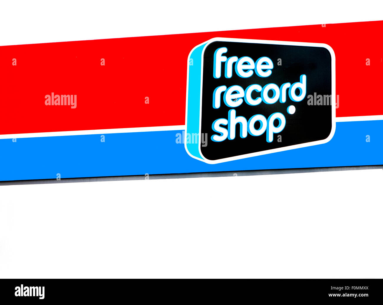 Schild mit Logo von Free Record Shop, home-Entertainment zu speichern, CDs, DVDs und Videospiele verkaufen Stockfoto