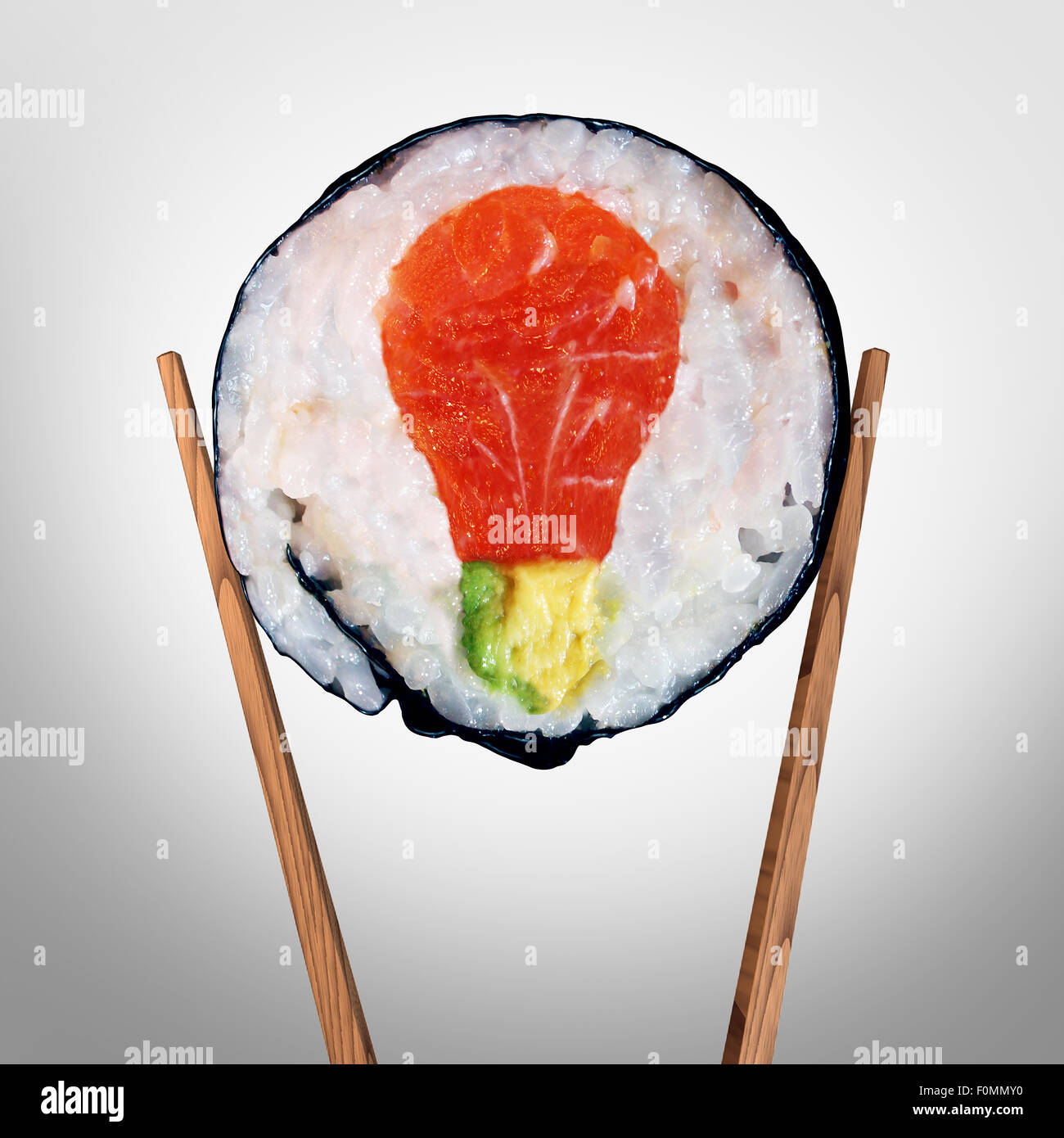 Sushi-Idee und japanisches Essenskonzept als ein Sushi Rollen mit rohen Lachs und Avocado, geformt wie eine Glühbirne, frische kreative asiatische Küche Lösungen darstellt und Kochen inspirieren. Stockfoto