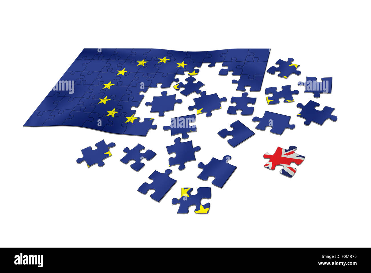 Austritt. EU-Flagge als Puzzle mit Großbritannien Flagge Gösch als entfernte Stück. Stockfoto