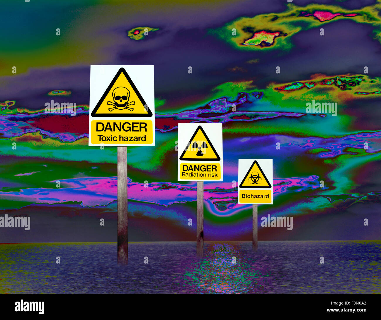 Drei Anzeichen von Gesundheitsgefahren und Umweltgefahren in einem digitalen Bild illustriert eine Welt der verschmutzte Luft und Meer. Stockfoto