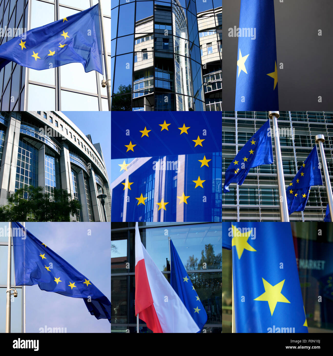 Zusammensetzung von 9 Bildern in ein quadratisches Format, einschließlich Nahaufnahme der Europäer Symbole mit Sitz in Brüssel Stockfoto