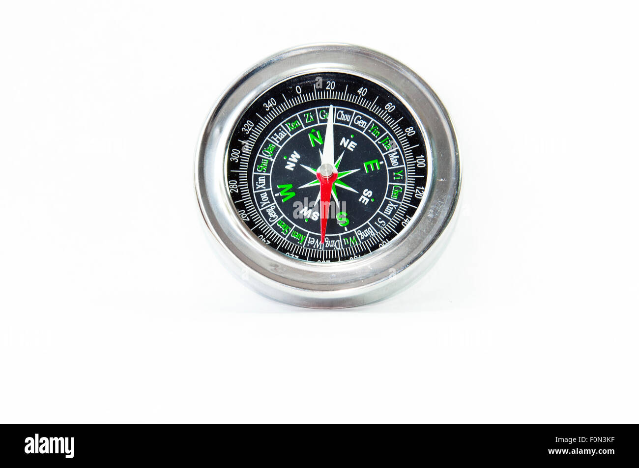 Nahaufnahme eines klassischen Kompasses durch weißen Hintergrund isoliert Stockfoto