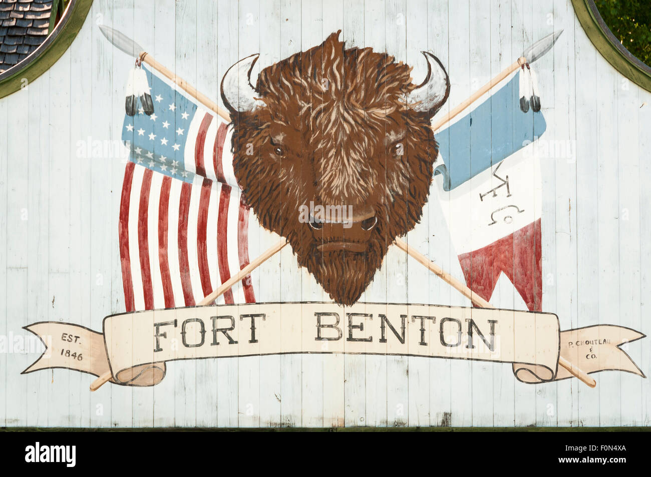 Schild am Fort Benton National Historic Landmark erklärt; Fort Benton, Montana. Stockfoto