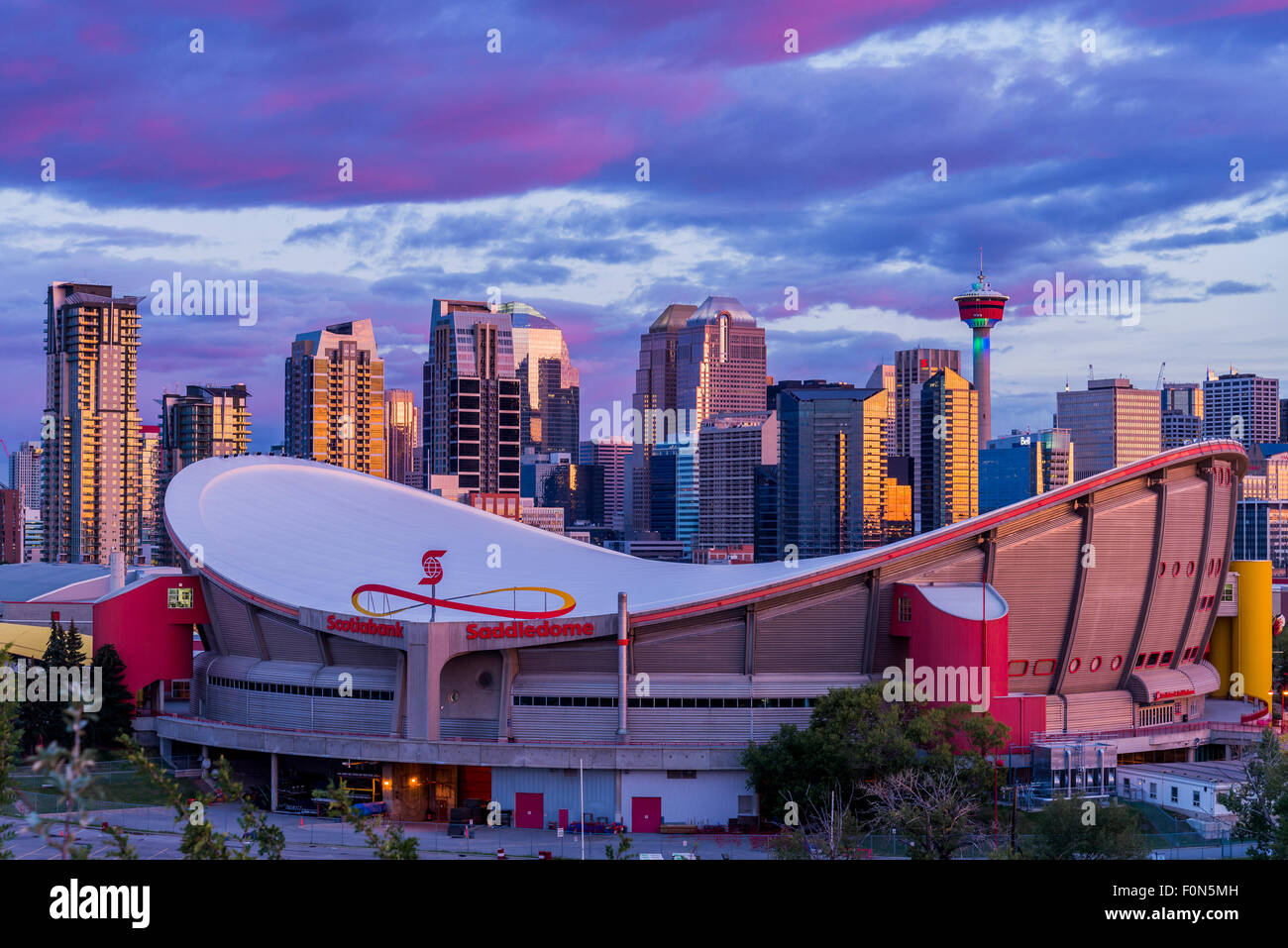 Die Skyline der Saddledome und Calgary, Calgary, Alberta, Kanada Stockfoto