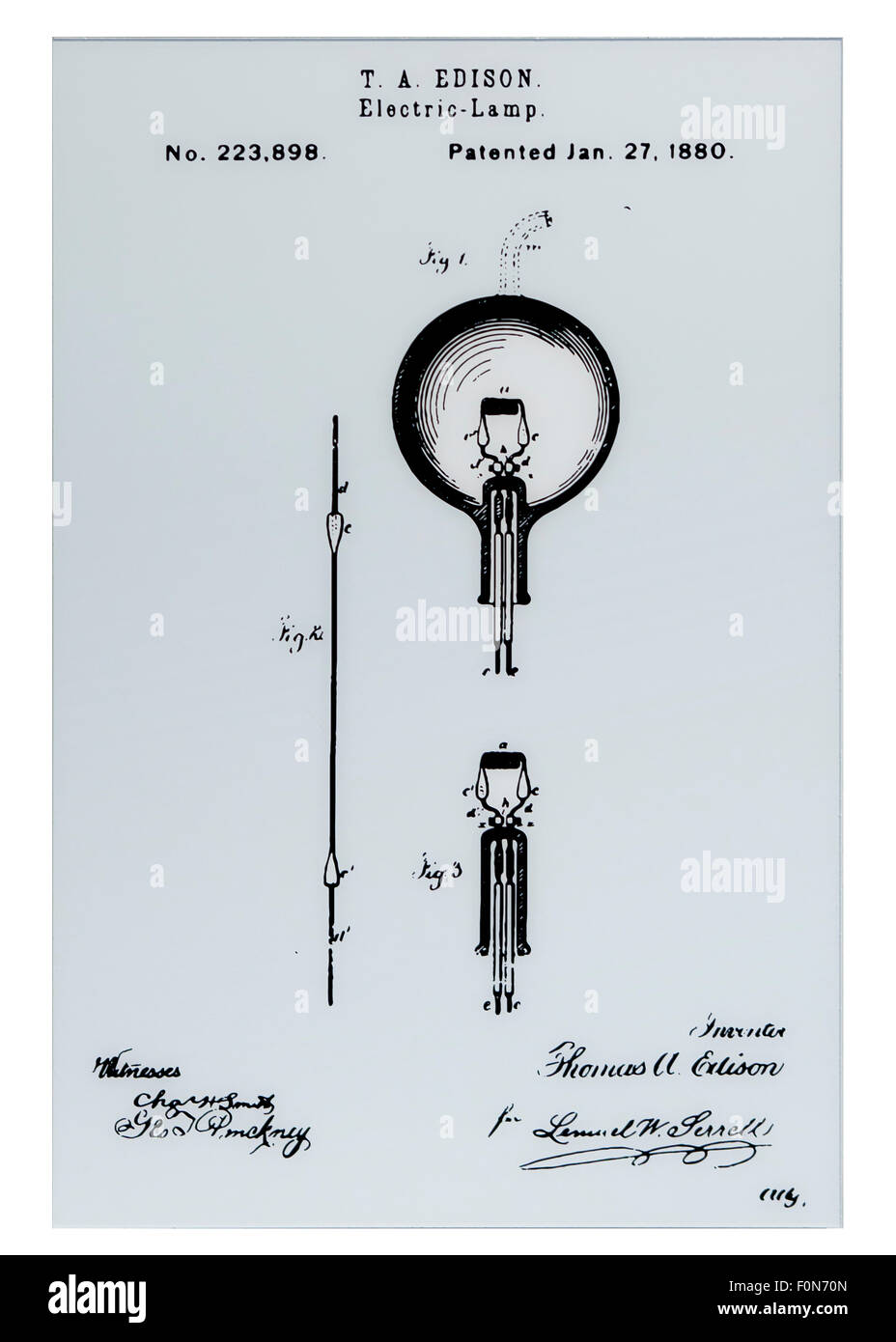 Thomas Edison Glühlampe US Patent Originalbild, um 1880 - US Patent and Trademark Office, Washington, DC USA Stockfoto