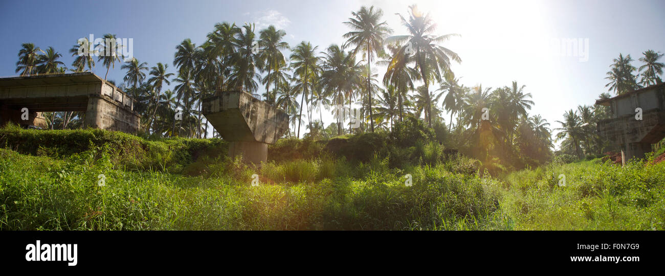 Panoramablick auf eine unvollendete Brücke durch den Wald und in der Nähe von Wald, Indien. Varkala, 2010 Stockfoto