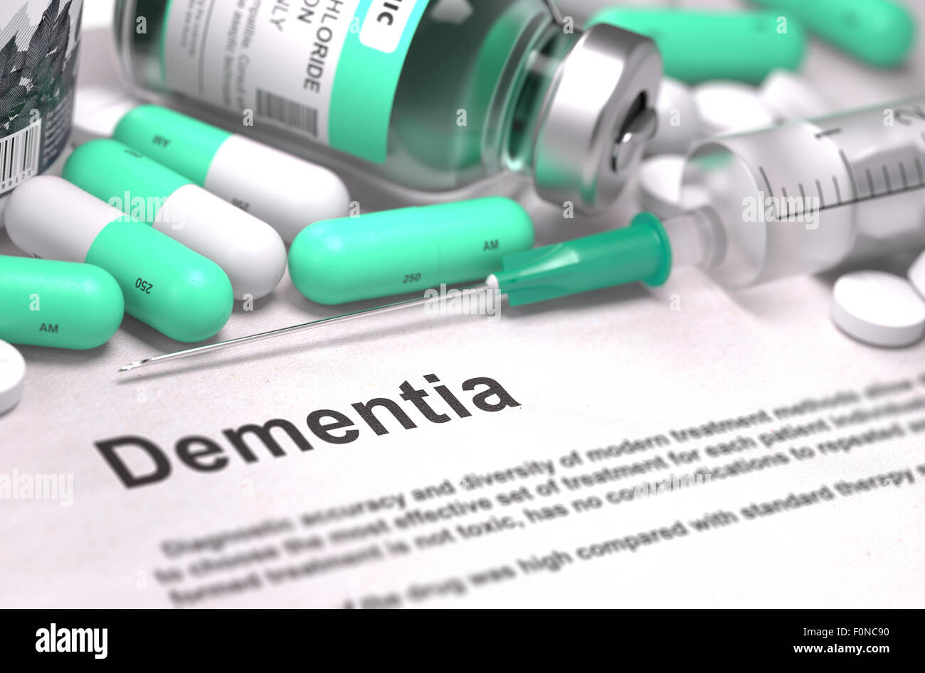 Demenz-Diagnose. Medizinisches Konzept. Zusammensetzung der Medikamente. Stockfoto