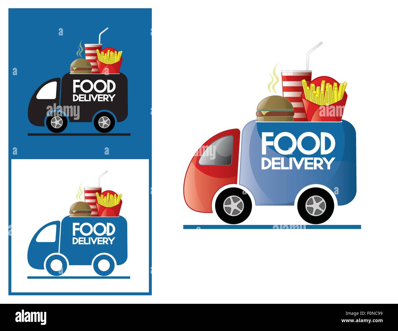 Logo-Design-Element. Fast-Food-Lieferwagen mit Hamburger, Pommes Frites und Cola. Stock Vektor