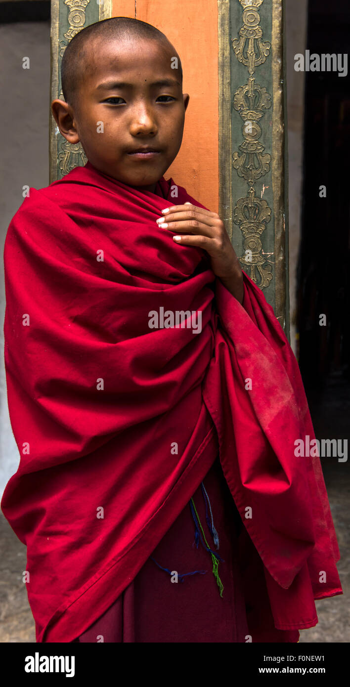 Porträt des jungen buddhistischer Mönch in Punakha Tempel (Dzong) Buthan Stockfoto