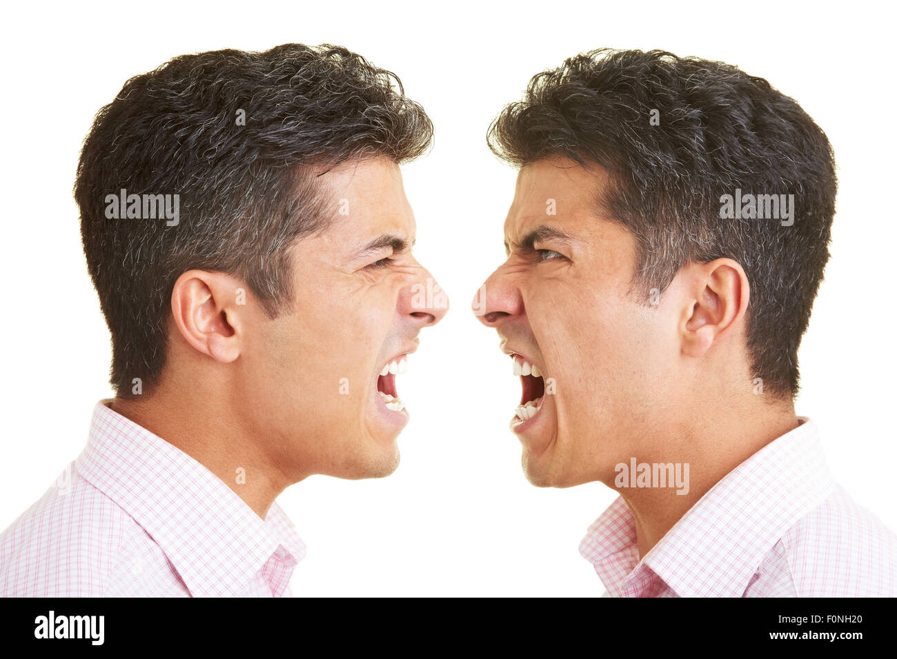 Zwillinge einander anschreien Stockfoto