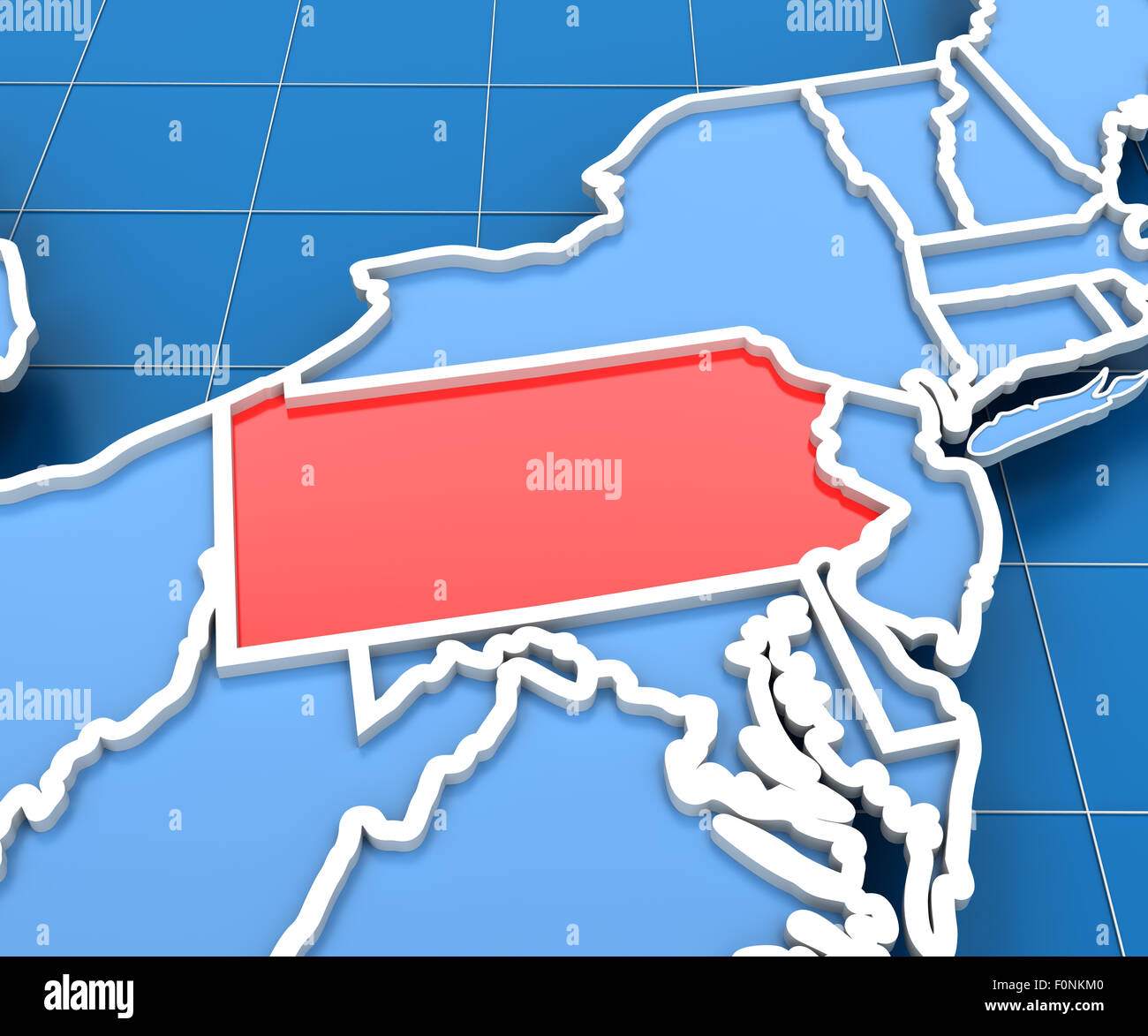 3D Rendering der USA-Karte mit Pennsylvania State hervorgehoben Stockfoto