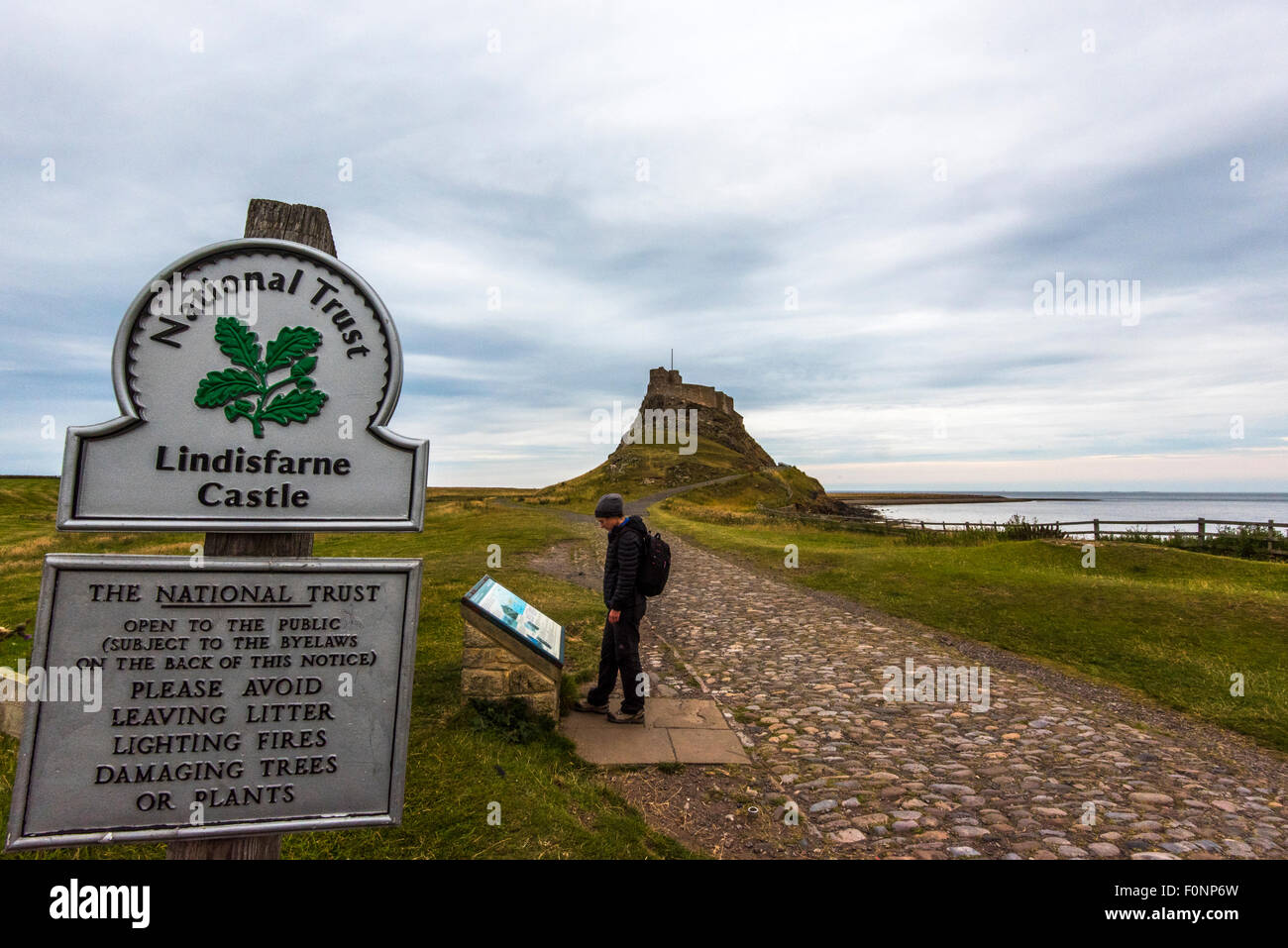 Frau, die durch Castle Karte bei Lindisfarne Castle Holy Island, Northumberland, England, Großbritannien, UK Stockfoto