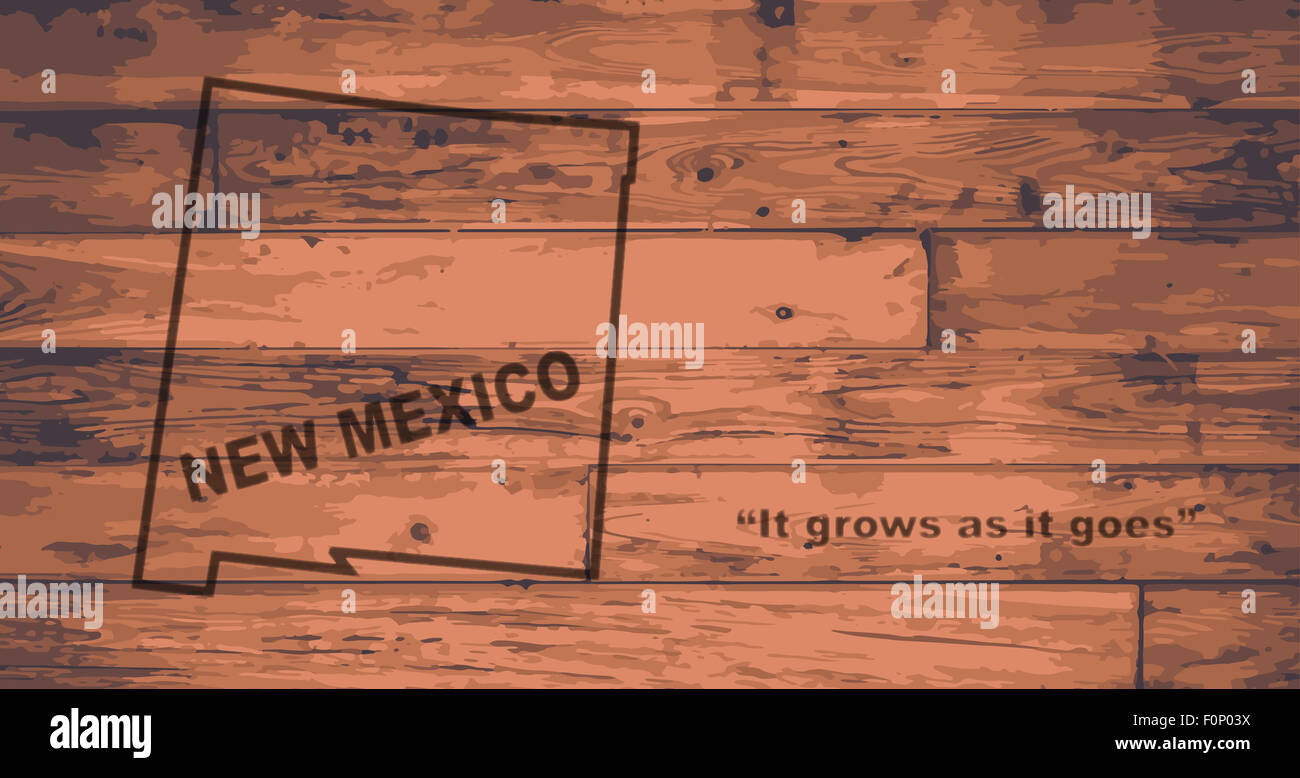New Mexico State Karte Marke auf Holzbrettern mit Karte Umriss und Staat motto Stockfoto