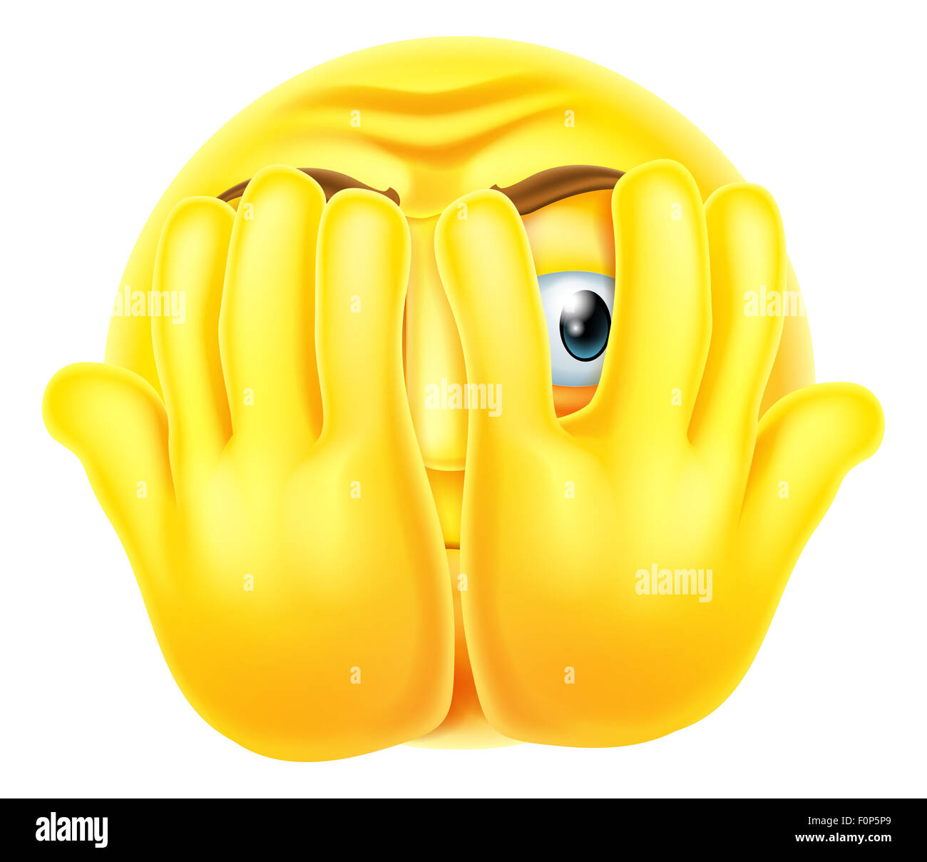 Ein Emoticon Emoji suchen sehr Angst versteckt sich hinter seinen Händen Stockfoto