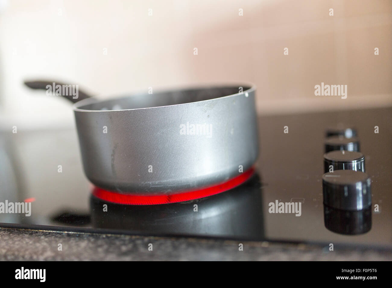 Topf mit kochendem Wasser auf eine Elektro-Kochfeld Stockfoto