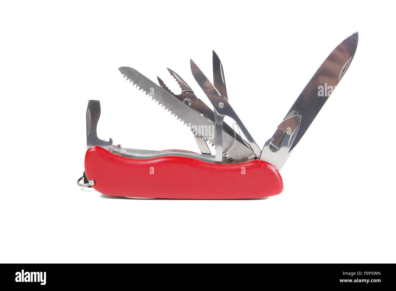 Makroaufnahme einer Schweizer Taschenmesser auf weiß Stockfoto