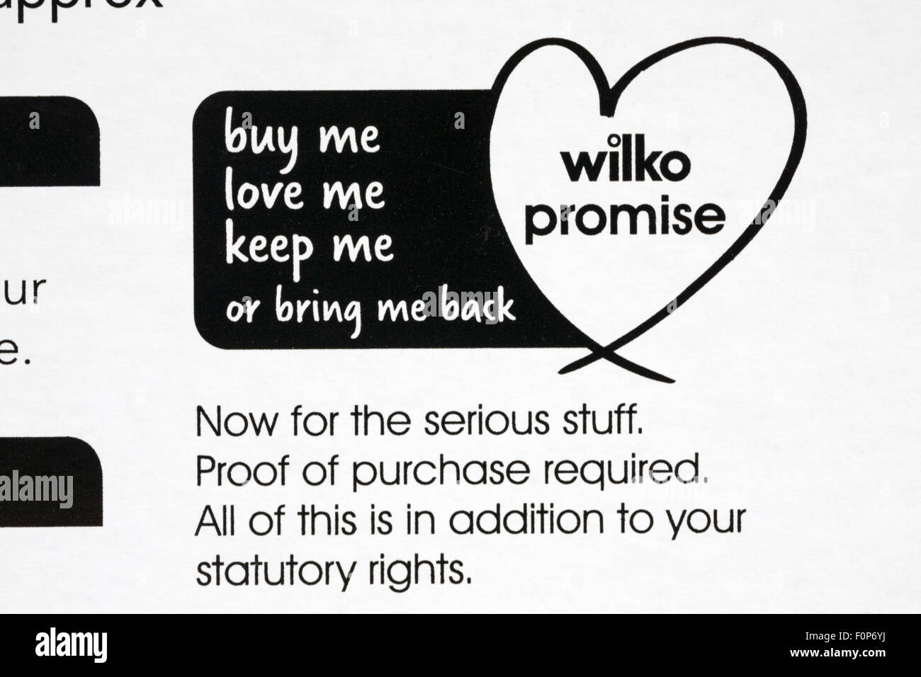 Wilko Versprechen - kaufen, die mich lieben, mich bitte informieren Sie mich oder bring mich zurück Stockfoto