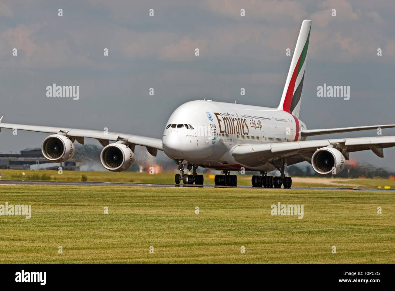 A6-EWG Emirates Airbus A380-800 Expo 2020 Dubi VAE Flughafen Manchester England uk Abfahrt Drehung Stockfoto