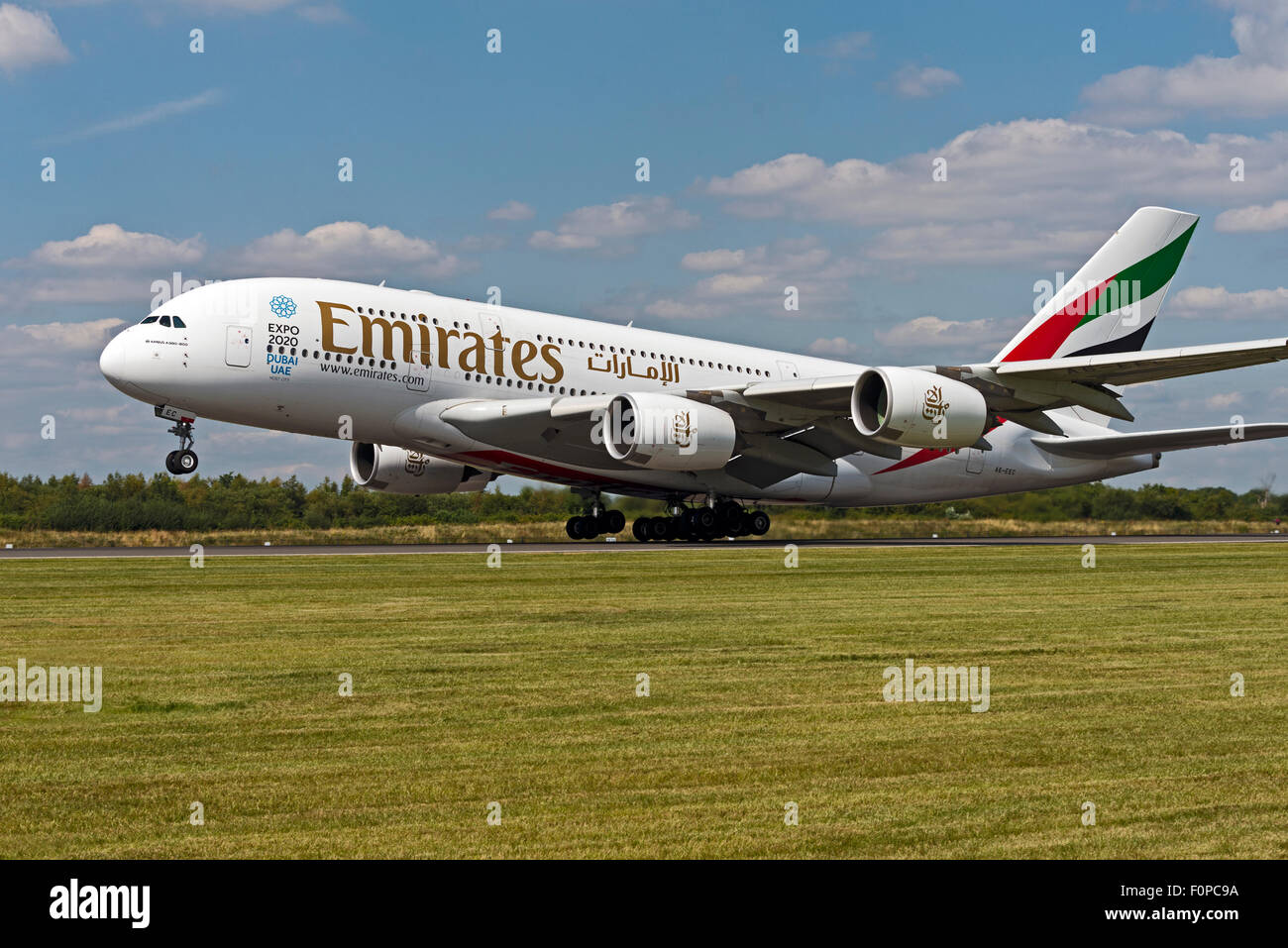 A6-EWG Emirates Airbus A380-800 Expo 2020 Dubi VAE Flughafen Manchester England uk Abfahrt Drehung Stockfoto