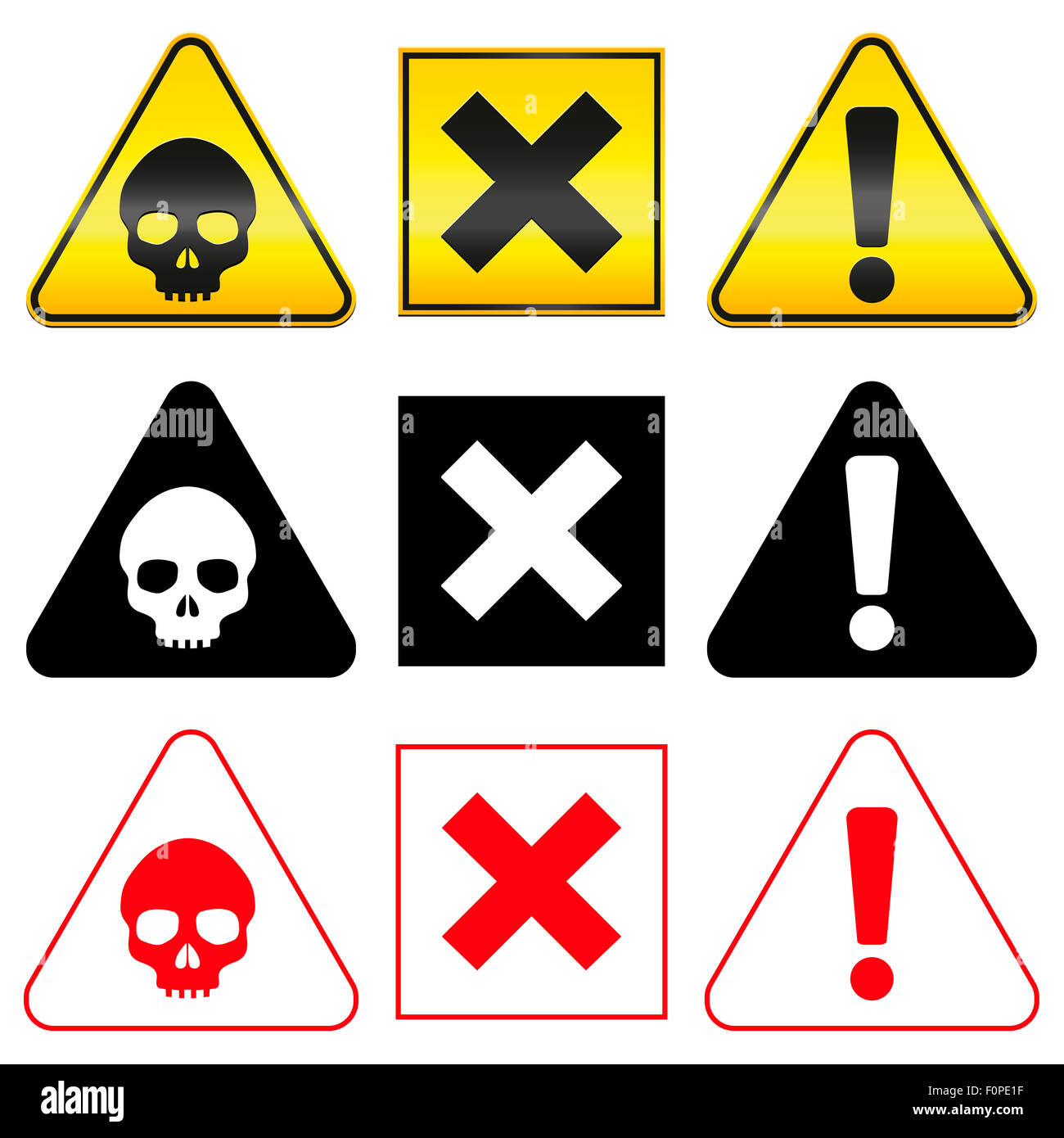 Warnung-Gefahrensymbole - Totenkopf, Kreuz und Ausrufezeichen im gelben, roten und schwarzen Version. Stockfoto