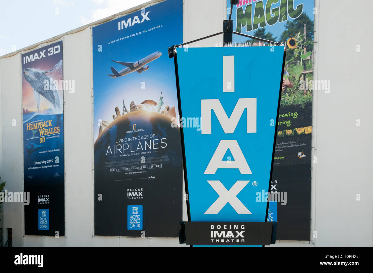 Ein Zeichen für das Boeing-Imax-Kino Kino am Seattle Center. Stockfoto