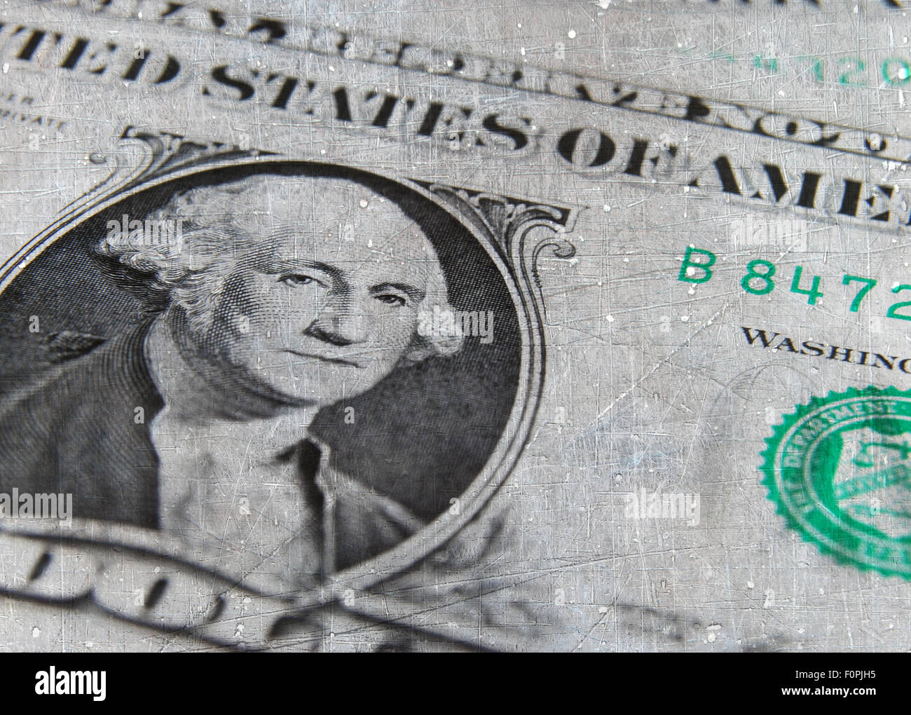 Nahaufnahme von einem US-Dollar Bill mit Grunge Texturen überlagert Stockfoto