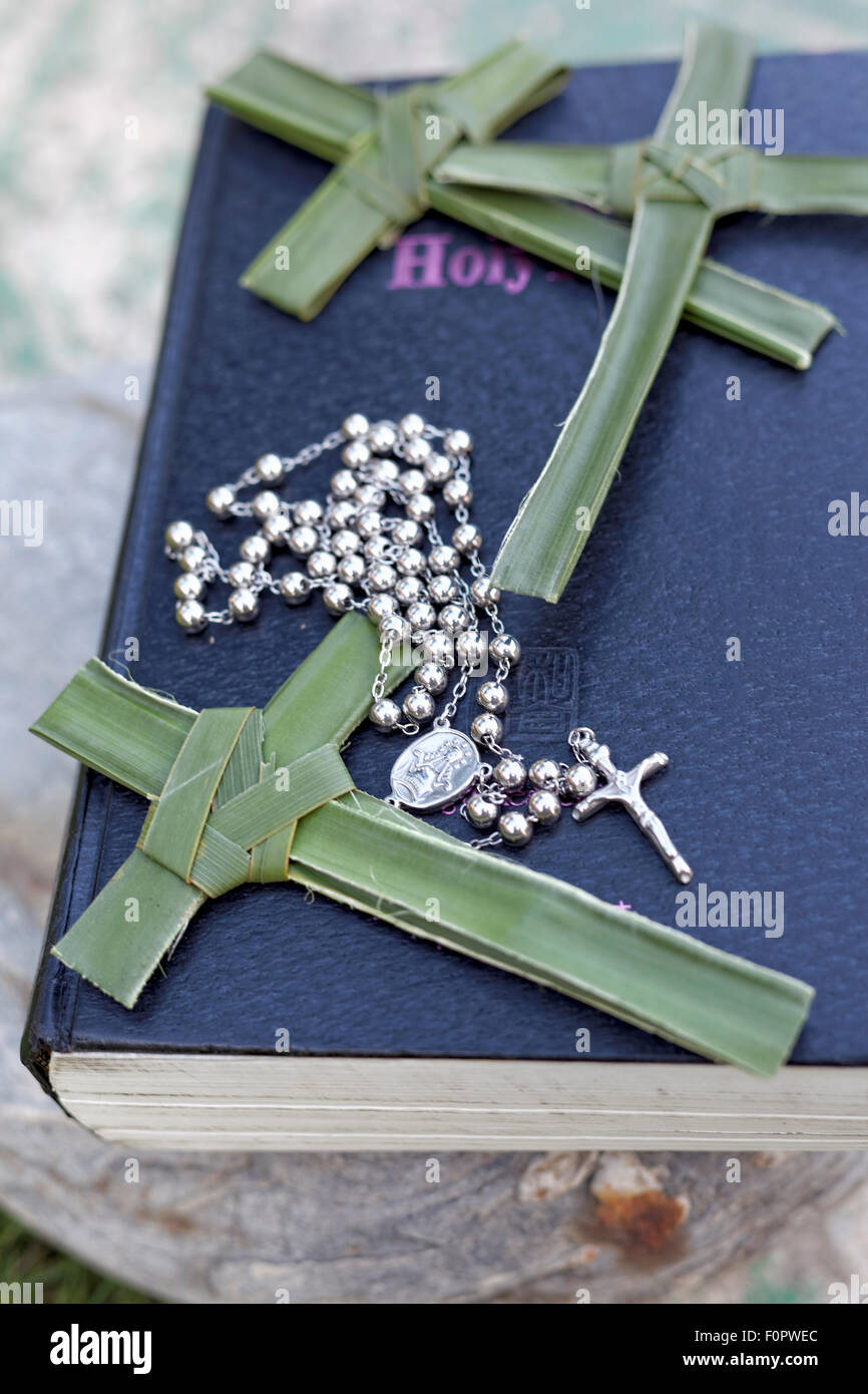 Palm, Kreuze und Rosenkränze auf eine Bibel Stockfoto