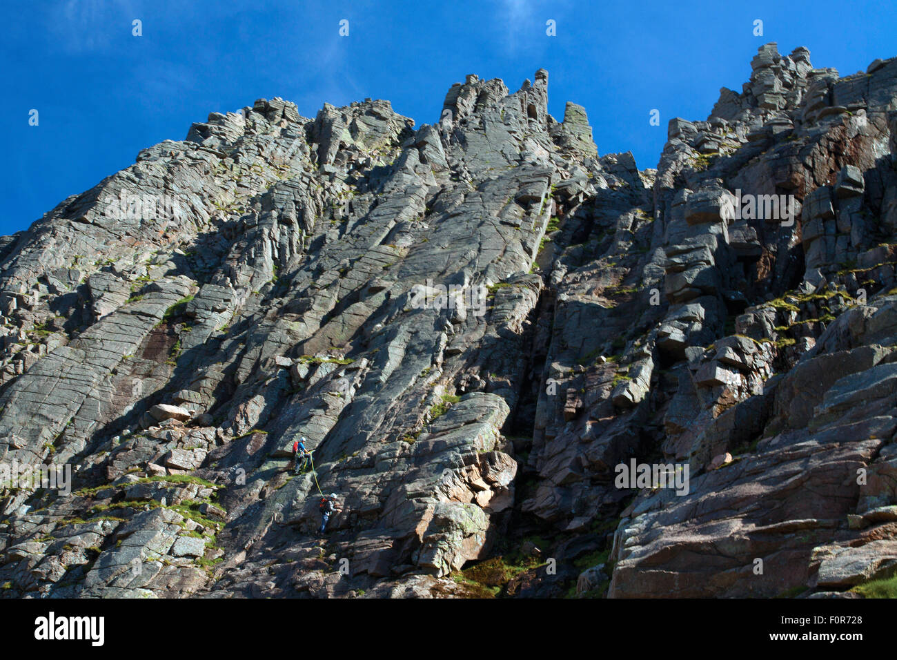 Zwei Bergsteiger, zentrale Wasserrinne, Coire ein t-Sneachda und die nördlichen Hochgebirgsflora, Cairngorm National Park, Badenoch und Speyside, e Stockfoto