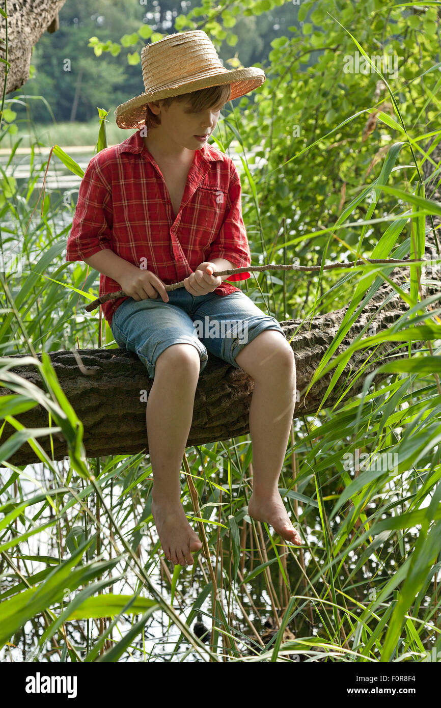 kleiner Junge verkleidet als Huckleberry Finn Angeln sitzt in einem Baum Stockfoto