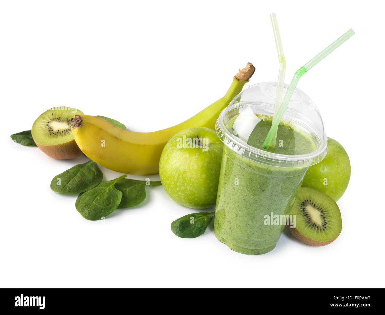 Grüner Smoothie mit Früchten isoliert auf weißem Hintergrund Stockfoto