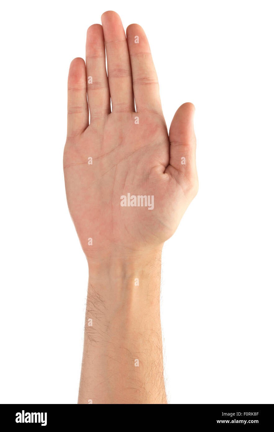 Schuss von Stopp-Signal durch eine Hand gemacht, allgemein anerkannt, isolierten auf weißen Hintergrund Stockfoto