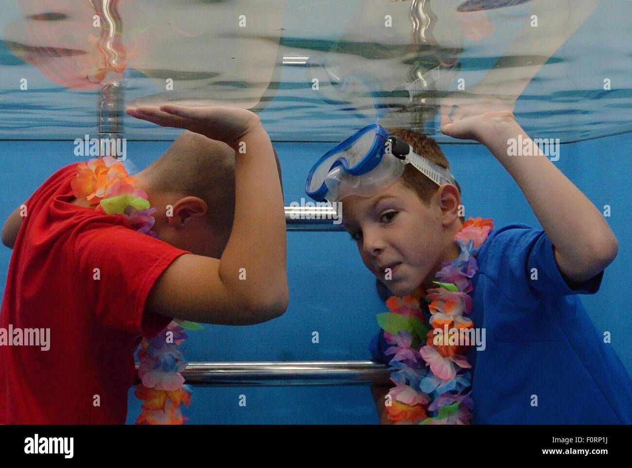 Feierliche Eröffnung der neuen Ausstellung namens "unter der Wasseroberfläche," ausgeliehen vom Wissenschaftszentrum in Estland in Techmanie Science Center in Pilsen, Tschechische Republik, 20. August 2015. (Foto/Pavel Nemecek CTK) Stockfoto