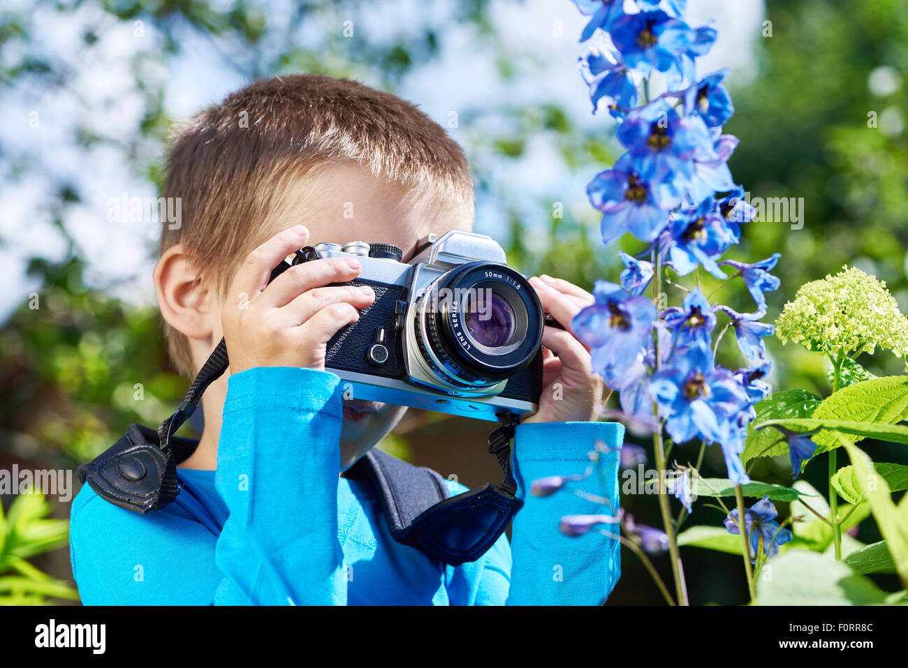 Kleiner Junge mit Retro-SLR-Kamera schießen Makro der blauen Blumen Stockfoto