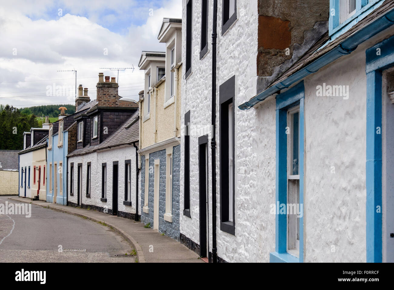 Reihe von typischen schottischen Reihenhaus Häuser und Hütten. Moffat, Dumfries and Galloway, Schottland, UK, Großbritannien Stockfoto