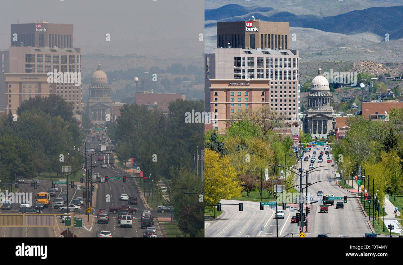 Rauch von Waldbränden im Nordwesten Teil der USA hat sich auf die Hauptstadt Boise, Idaho Donnerstag, 20. August, (links) angesiedelt.  Die ungesunde Luft deckt den gesamten Staat, woraufhin Warnungen von staatlichen Gesundheitsbehörden.  Die schlechte Luft ist vorhergesagten zum letzten für die nächsten fünf Tage.  Das Bild rechts zeigt den Blick entlang Capitol Blvd. im April zum Vergleich.   Bildnachweis: David R. Frazier Photolibrary, Inc./Alamy Live-Nachrichten Stockfoto