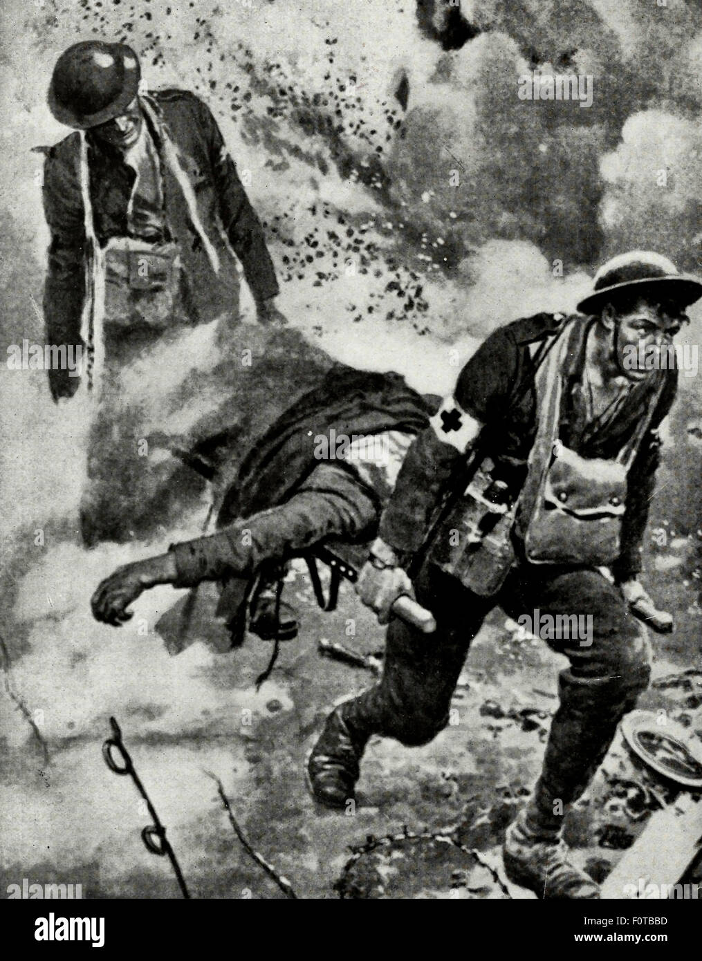 Bahre Träger bringen Verwundete unter Feuer vom Feind im ersten Weltkrieg Stockfoto