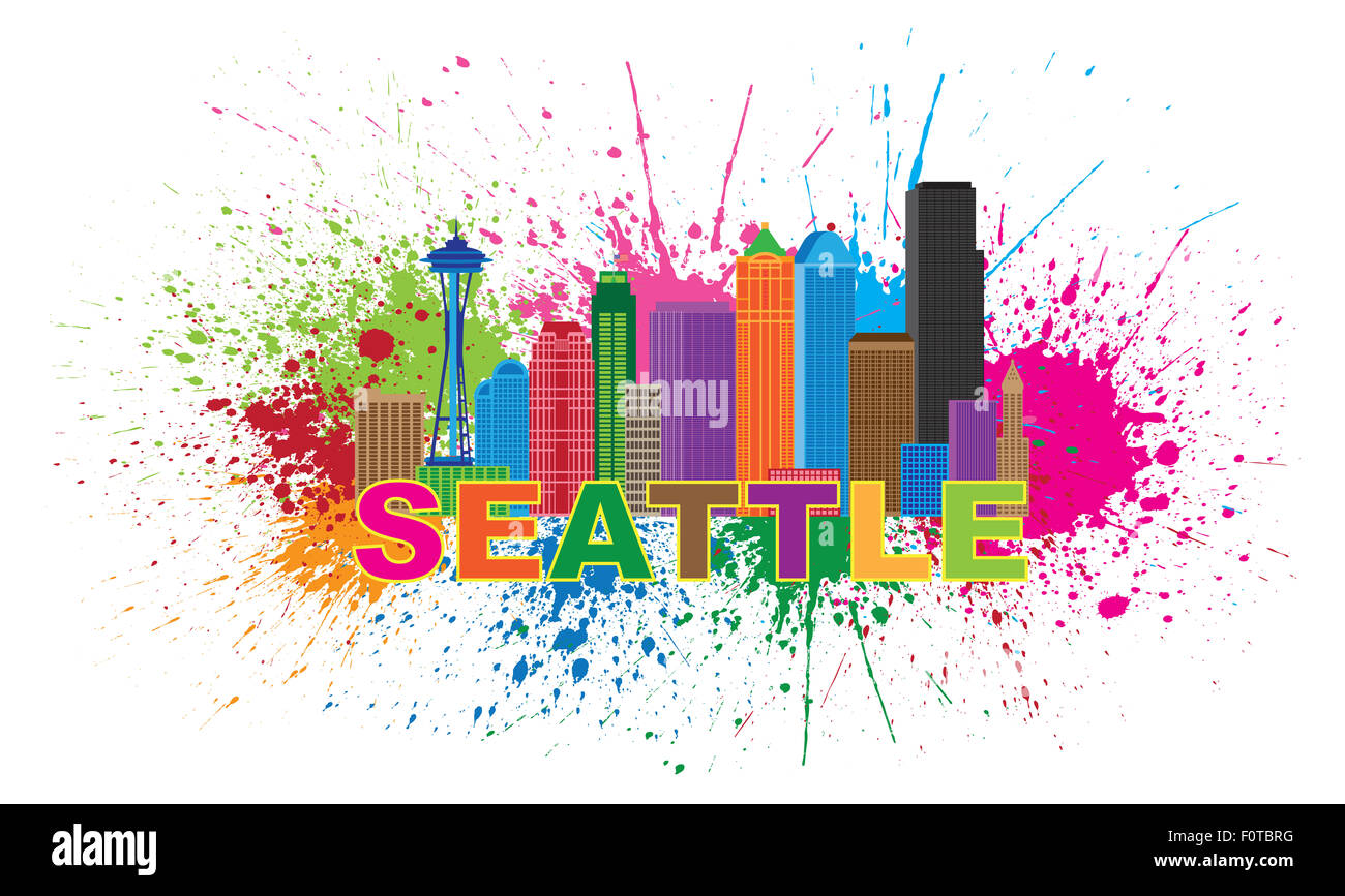 Seattle Washington Downtown City Skyline Farbe Text Farbe Splatter abstrakt isoliert auf weißem Hintergrund Illustration Stockfoto