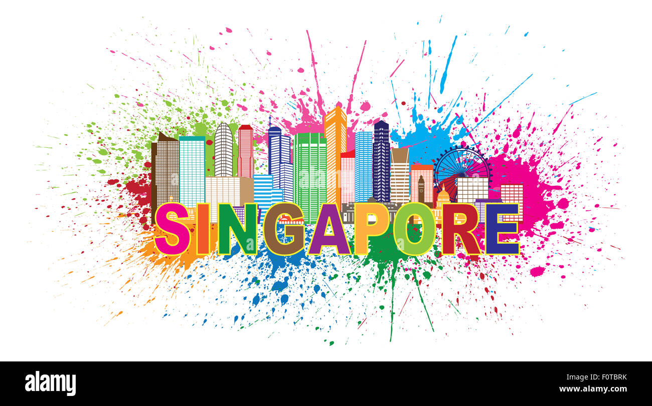 Singapur City Skyline Silhouette Umriss Panorama Farbe mit Text und Farbe Splatter abstrakt isoliert auf weißem Hintergrund Illu Stockfoto