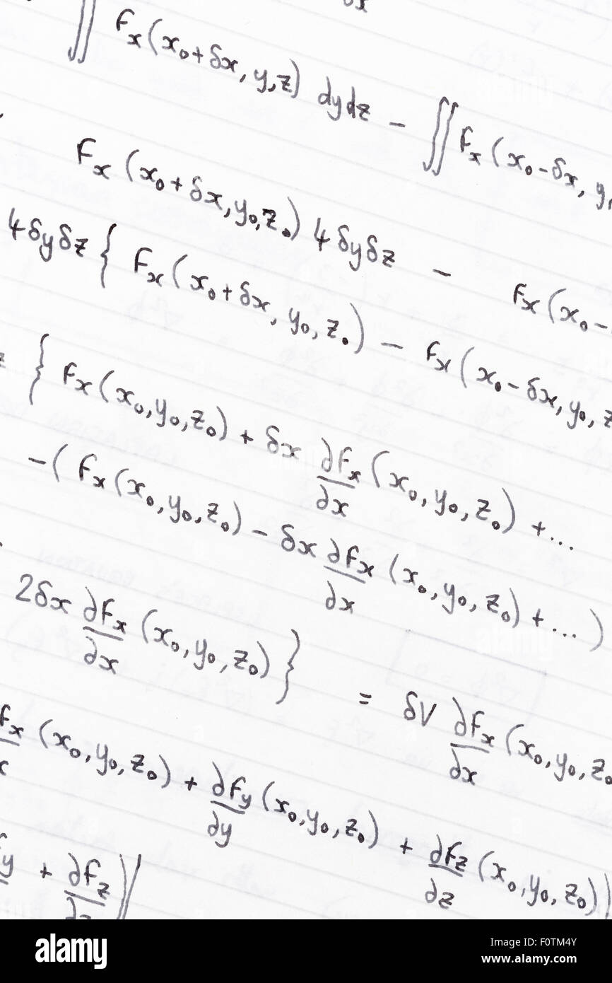 Handschriftliche Notizen Studie mit Gleichungen für die Divergenz der Vektorfelder Stockfoto