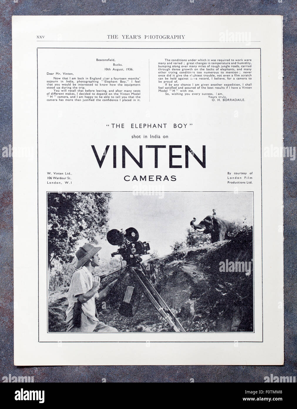 Werbung für Vinten Filmkameras in 1930er Jahren fotografischer Magazin - Elephant Boy Movie Stockfoto