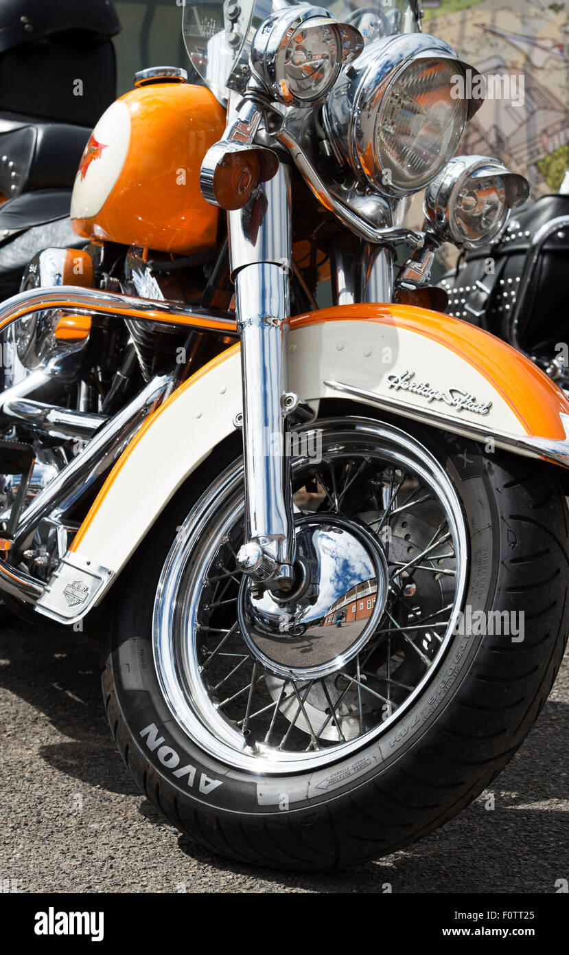 Harley Davidson 'Heritage softtail' Motorrad. Brooklands, Weybridge, Surrey, England Stockfoto